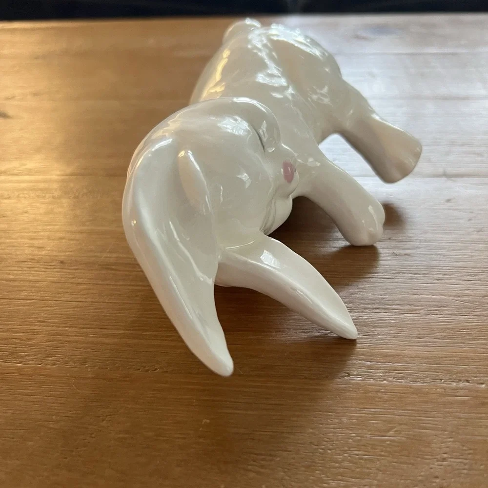 White Ceramic Sleeping Bunny Rabbit Shelf Sitter Figurine Whimsical Home Decor